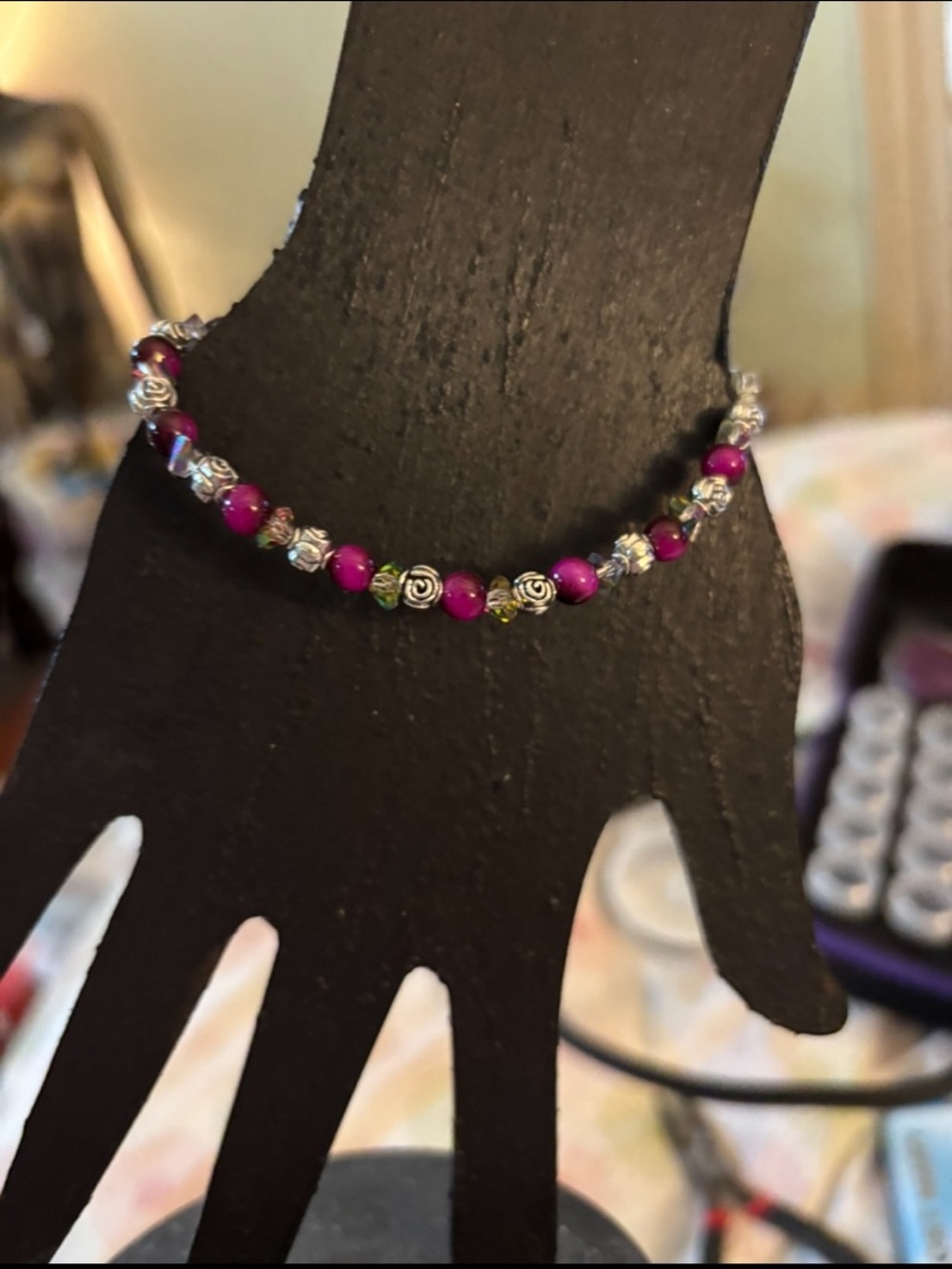 Fuchsia Beaded Bracelet with Silver Accent Beads